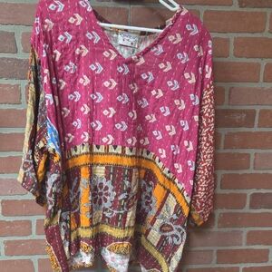 Kantha Bohemian Patchwork Tunic V-Neck Top OS